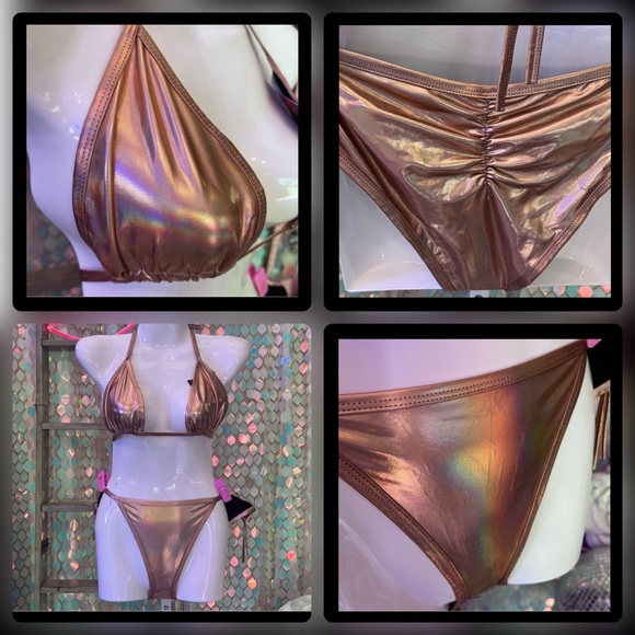 NWT Cheeky 2pc Bikini Swimsuit Holographic Rose Gold Metallic - Picture 2 of 5
